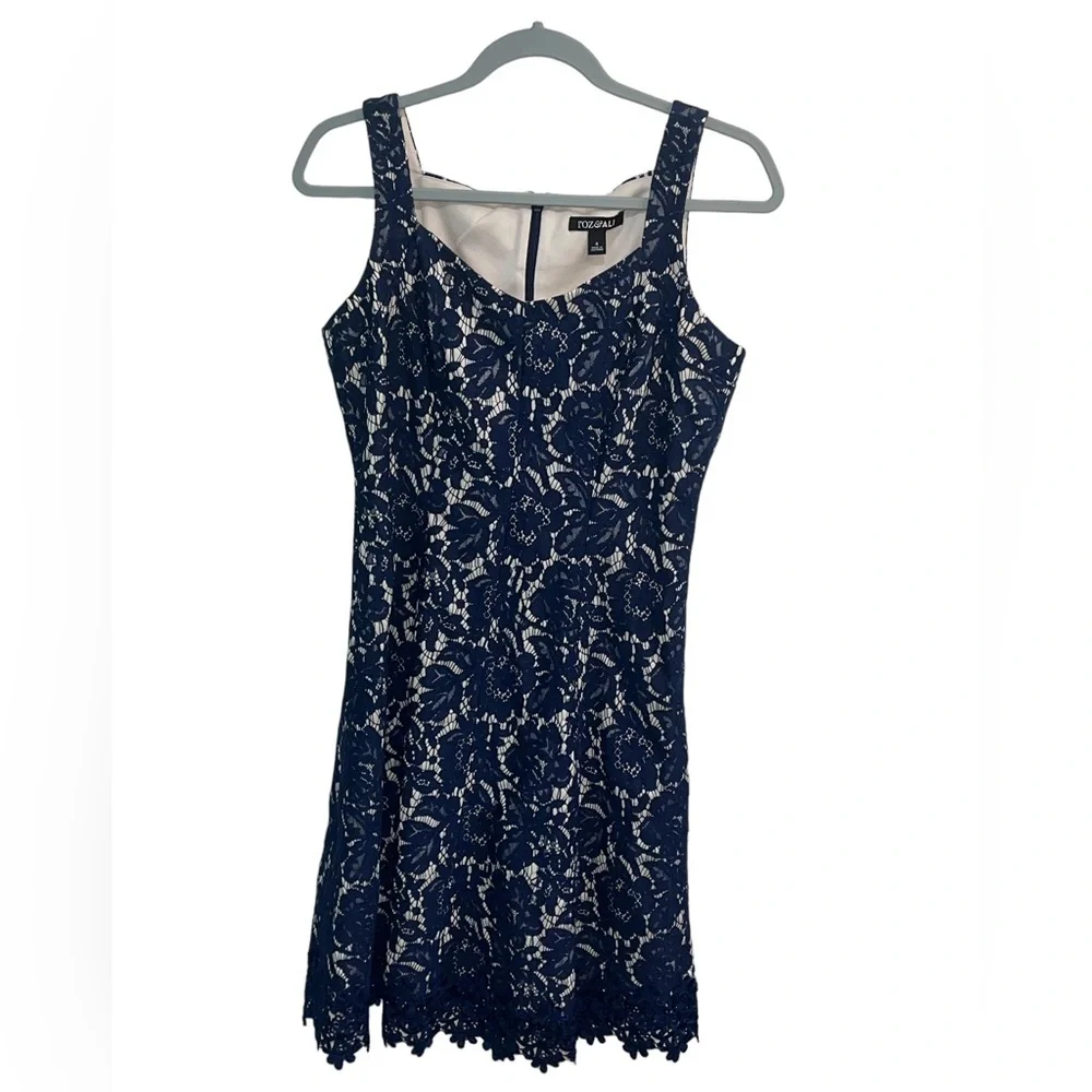 Roz & Ali Navy Blue/Cream Lace Dress ~ Size 4 - Picture 1 of 8